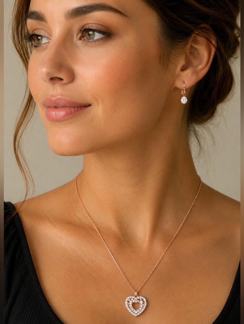 Heart Necklace & Earrings Set Rose Gold Pave Faux Diamond Cubic Zirconia Jewelry